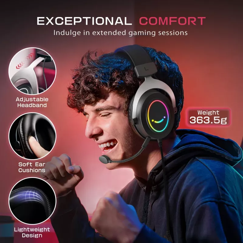 FIFINE H3 AmpliGame RGB laidinis ausinių su mikrofono atjungimu, 50 mm tvarkyklės, USB-A, juoda