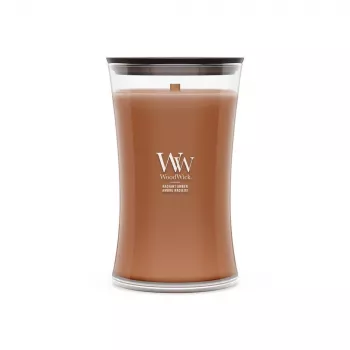 WoodWick Radiant Amber 609,5g kvapioji žvakė su medine dagtimi, iki 180 valandų degimo, smėlio laikrodžio formos stiklinis indas