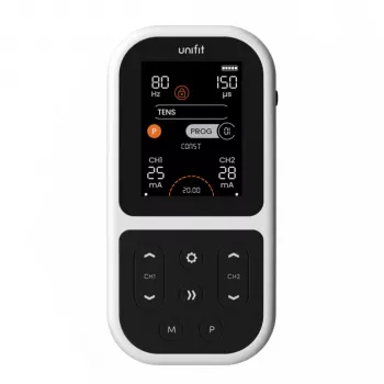 Tenscare Unifit Fitneso atsigavimo ir skausmo malšinimo TENS/EMS prietaisas - 2 kanalai, 18 programų, su foniniu apšvietimu LCD