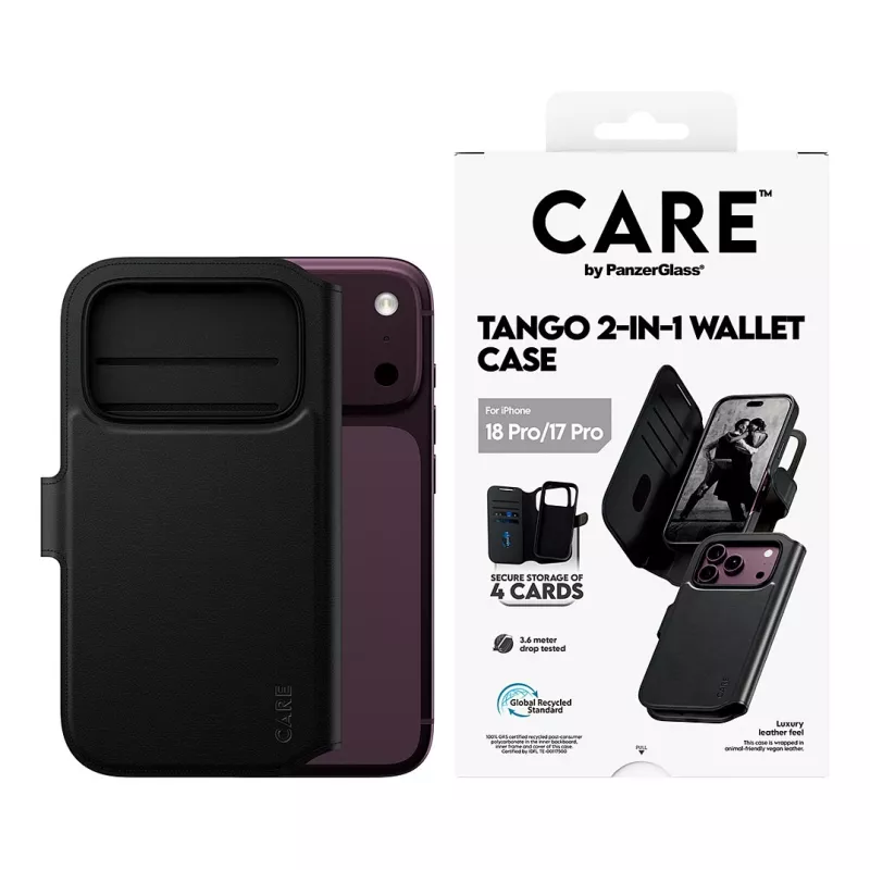 CARE™ by PanzerGlass® Tango 2-in-1 piniginės dėklas juodos spalvos su MagSafe, skirtas iPhone 18 Pro / 17 Pro