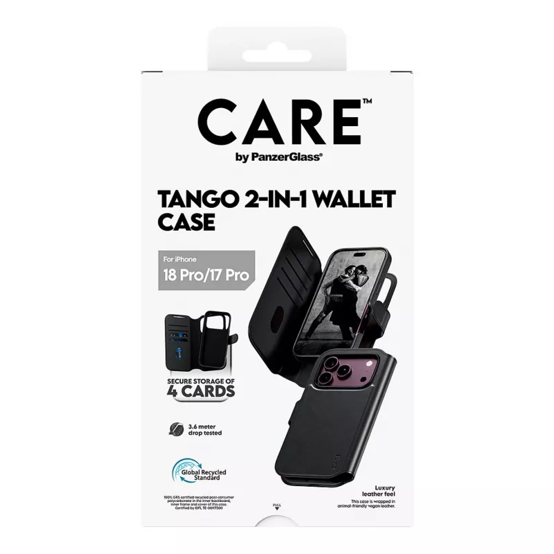 CARE™ by PanzerGlass® Tango 2-in-1 piniginės dėklas juodos spalvos su MagSafe, skirtas iPhone 18 Pro / 17 Pro