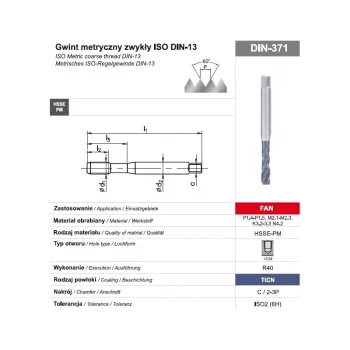 Sriegtuvas M10 DIN-371C R40 (6H) HSSE-PM TiCN FAN