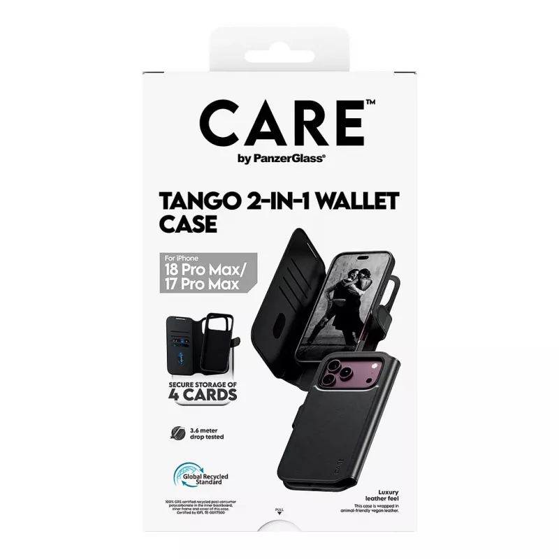 CARE by PanzerGlass Tango Flip dėklas, skirtas Apple iPhone 17 Pro Max – suderinamas su MagSafe – veganiška oda – juoda