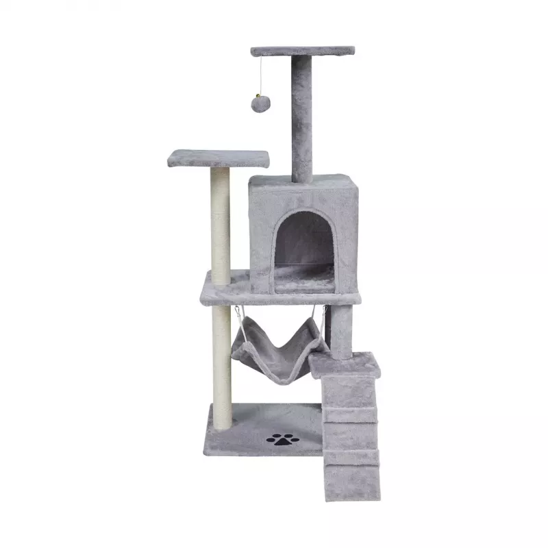 REBEL ANIMALS pilkas katės draskymo stulpas 50x40x125 cm su nameliu ir platformomis