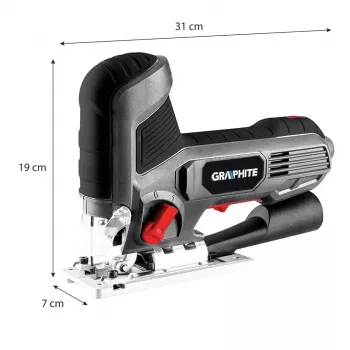 Graphite 58G078 800W švytuoklinis pjūklas su lazeriniu kreiptuvu ir LED apšvietimu, pjovimo gylis medienoje 80 mm, T formos kotelis, įstrižinis pjovimas 45°, aliuminio pagrindas, 3 m laidas