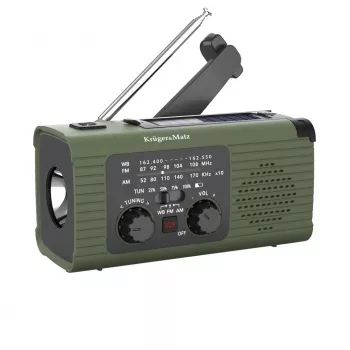 KM0836 Saulės energijos avarinis radijas su SOS signalu, 5000mAh power bank, LED žibintuvėliu ir rankinės sukimosi dinama, FM/AM, juodos spalvos