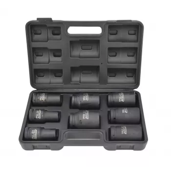 AWTOOLS AW38855 3/4 colio pavaros gilieji smūginiai lizdai, 8 vnt., metriniai, 24-41mm, Cr-Mo, 6 kampų, ilgi, juodos fosfatinės dangos, DIN 3121, pūsto plastiko dėkle