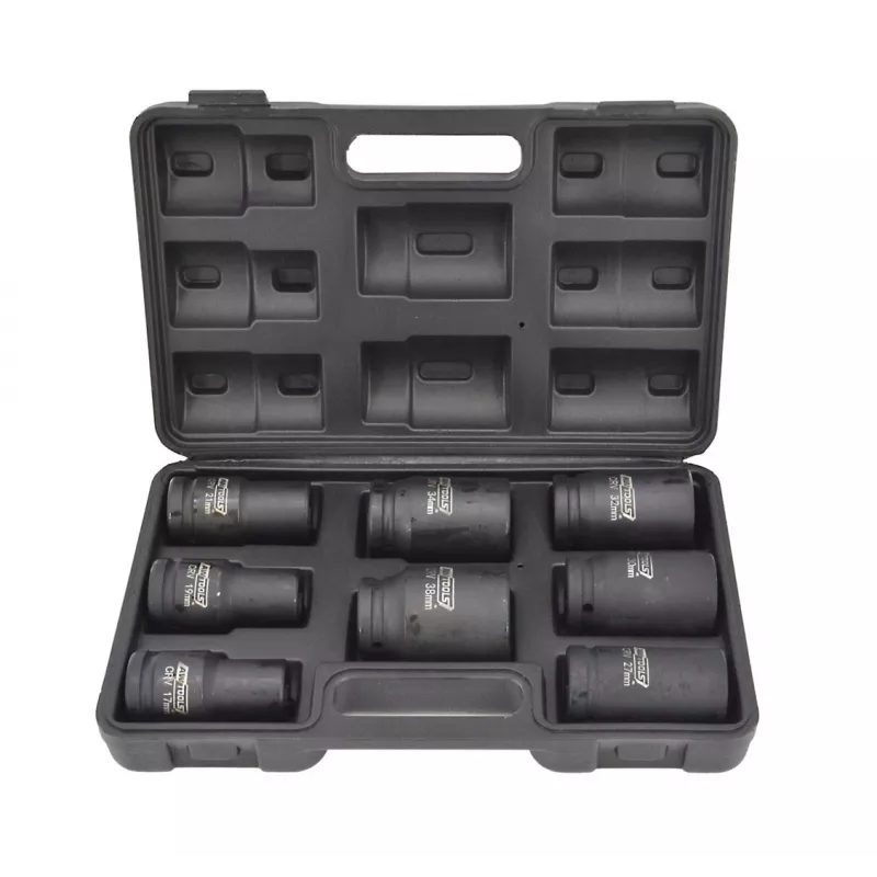 AWTOOLS AW38855 3/4 colio pavaros gilieji smūginiai lizdai, 8 vnt., metriniai, 24-41mm, Cr-Mo, 6 kampų, ilgi, juodos fosfatinės dangos, DIN 3121, pūsto plastiko dėkle