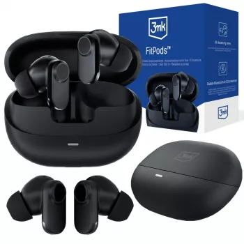3mk FitPods BT 6.0 True Wireless stereo ausinės su įkrovimo dėklu, Bluetooth 6.0, jutiklinis valdymas, IPX4, juodos