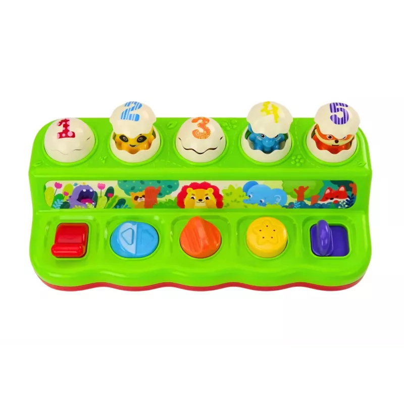 LEAN TOYS Pop Up Animals edukacinis veiklos skydelis su garsais, tinkamas kūdikiams nuo 12 mėn.