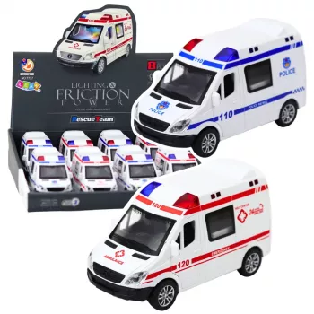 LEAN TOYS policijos automobilis ir greitosios pagalbos automobilis su trinties varikliu, šviesomis ir garsais, atidaromomis durimis, mišrus asortimentas