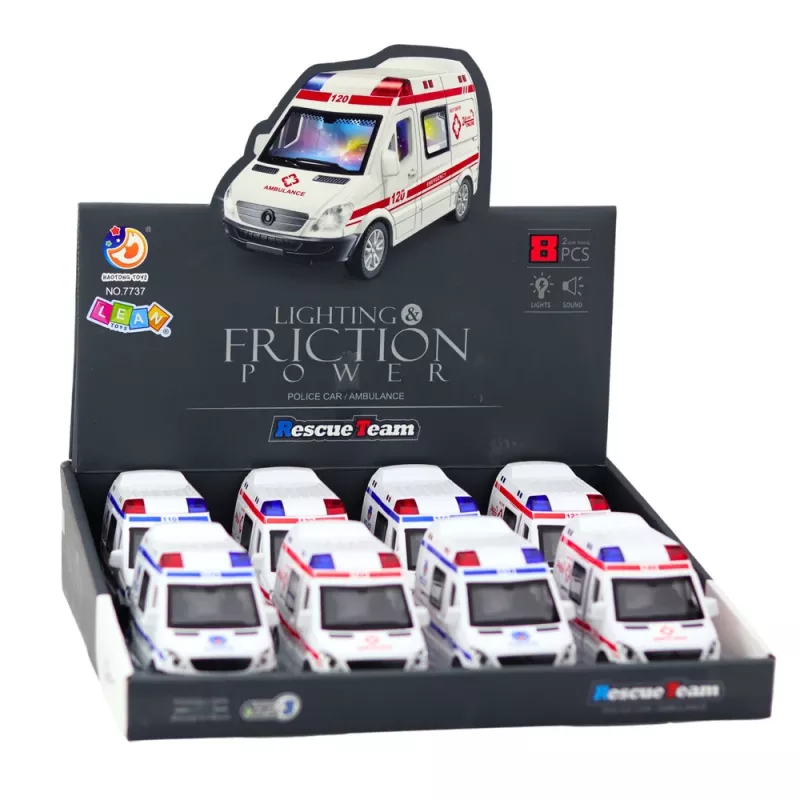 LEAN TOYS policijos automobilis ir greitosios pagalbos automobilis su trinties varikliu, šviesomis ir garsais, atidaromomis durimis, mišrus asortimentas