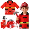 LEAN TOYS 158 Ugniagesio kostiumo rinkinys su šalmu, gesintuvu, laužtuvu – raudonas, vieno dydžio, 3-8 m.