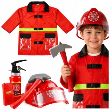 LEAN TOYS 158 Ugniagesio kostiumo rinkinys su šalmu, gesintuvu, laužtuvu – raudonas, vieno dydžio, 3-8 m.