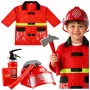 LEAN TOYS 158 Ugniagesio kostiumo rinkinys su šalmu, gesintuvu, laužtuvu – raudonas, vieno dydžio, 3-8 m.