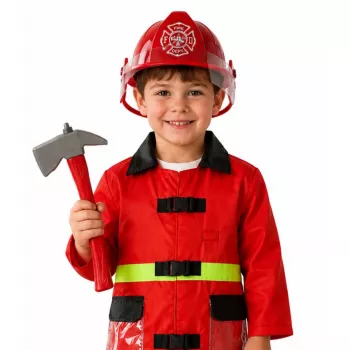 LEAN TOYS 158 Ugniagesio kostiumo rinkinys su šalmu, gesintuvu, laužtuvu – raudonas, vieno dydžio, 3-8 m.