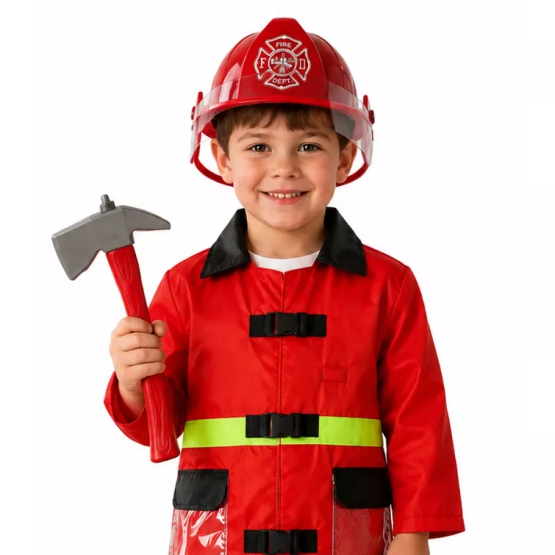 LEAN TOYS 158 Ugniagesio kostiumo rinkinys su šalmu, gesintuvu, laužtuvu – raudonas, vieno dydžio, 3-8 m.