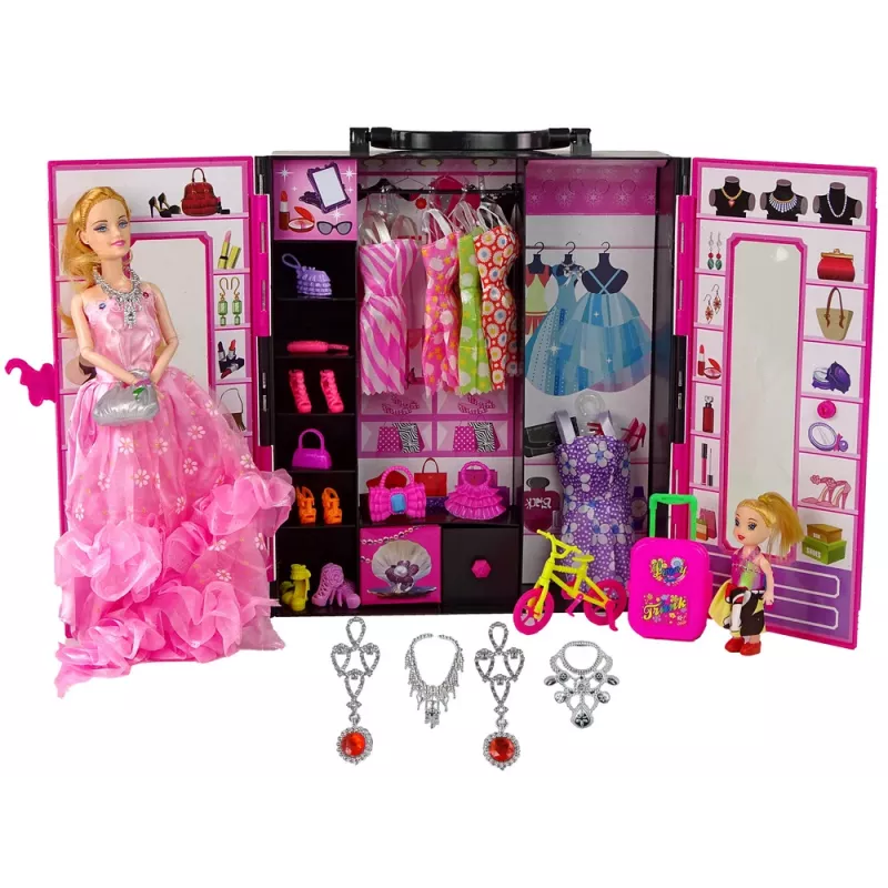 LEAN TOYS lėlė su drabužių spinta ir persirengimo kambariu lėlėms grožio mergaitės lagamine