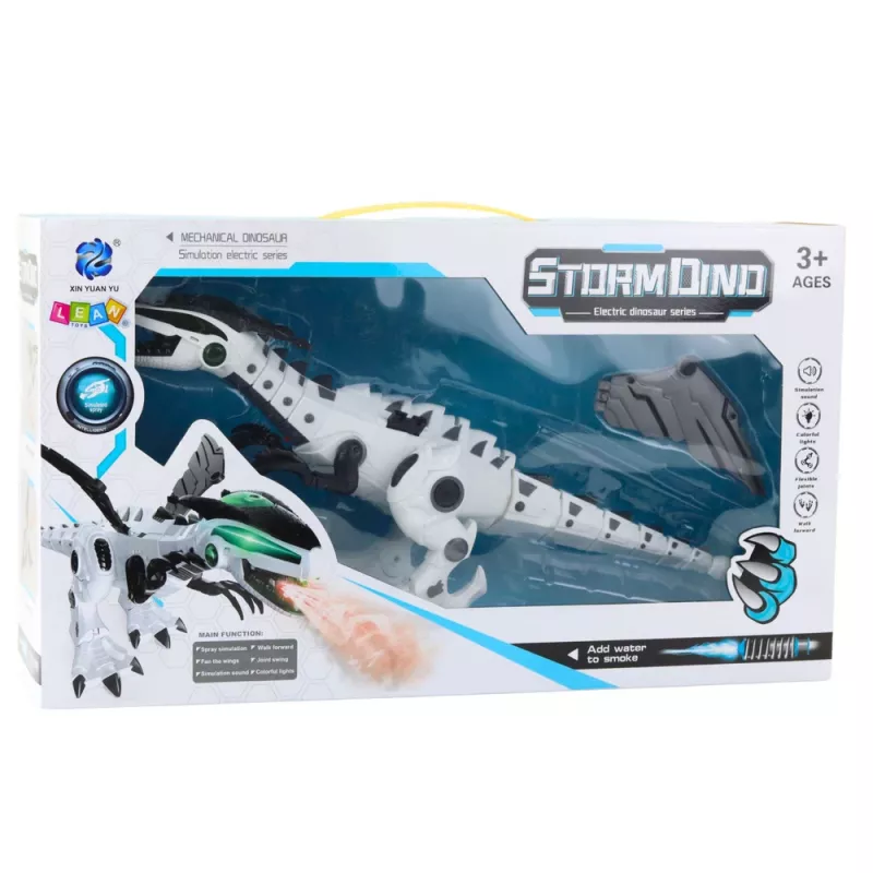 LEAN TOYS Dinozauras robotas su baterijomis, judančiais sparnais, šviesomis, garsu, baltas