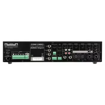 AUDAC COM12MK2 120W PA maišytuvas stiprintuvas su 100V/70V/4Ω išėjimais, 2 mik./3 linijos įėjimais, prioritetu ir fantominiu maitinimu, 2U stelažo montavimas, juoda