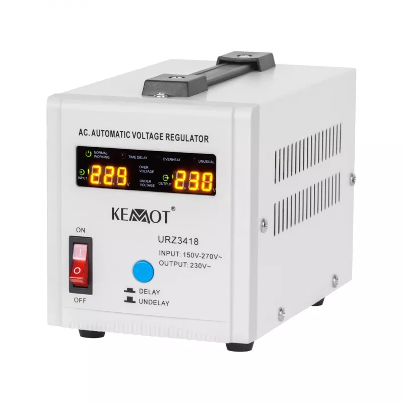 KEMOT SER-500 automatinis įtampos stabilizatorius 500VA 300W relės tipo 230V AC išvestis Schuko lizdas LED indikatoriai