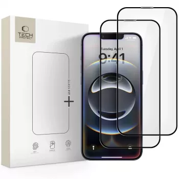 Tech-Protect Glass Fit+ grūdinto stiklo ekrano apsauga, skirta Apple iPhone 13/13 Pro/14/16e/17e, juodas rėmelis, 2 vnt.