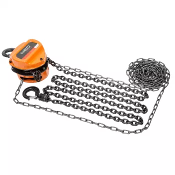 NEO TOOLS grandininis keltuvas 2 t, 3 m, rankinis grandininis keltuvas su dvigubu fiksatoriumi, G80 apkrovos grandine, kaltiniais sukamosiomis kabliukais