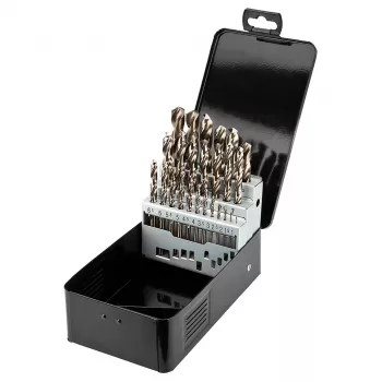 NEO TOOLS 25 dalių HSS-Co kobalto grąžtų rinkinys metalui, 1,0–13,0 mm, pilnai šlifuotas, 135° skeltas antgalis, DIN 338, metalinis dėklas