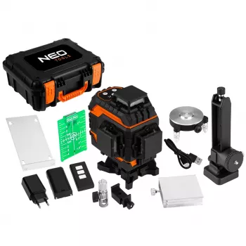 NEO TOOLS 75-141 3D lazerinis nivelyras, 16 linijų, žalias spindulys, dėklas, taikinio plokštelė, magnetinis laikiklis, įkroviklis