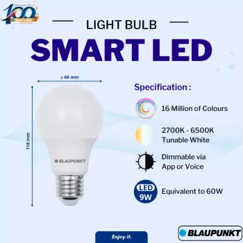 Blaupunkt E27 9W išmanioji LED lemputė A60 – reguliuojama balta ir RGB, Wi-Fi, Alexa/Google Assistant