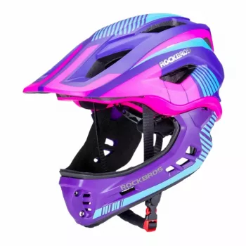 Rockbros TT-32SBPP-S vaikiškas transformuojamas dviračio šalmas su nuimamu smakro apsaugu, violetinė-rožinė, S dydis (48-53 cm)