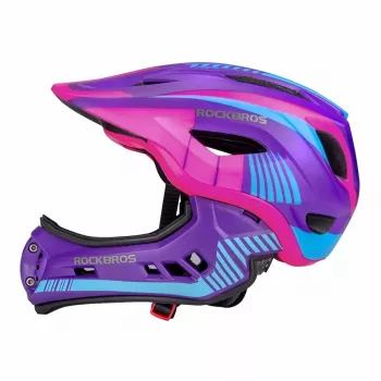 Rockbros TT-32SBPP-S vaikiškas transformuojamas dviračio šalmas su nuimamu smakro apsaugu, violetinė-rožinė, S dydis (48-53 cm)