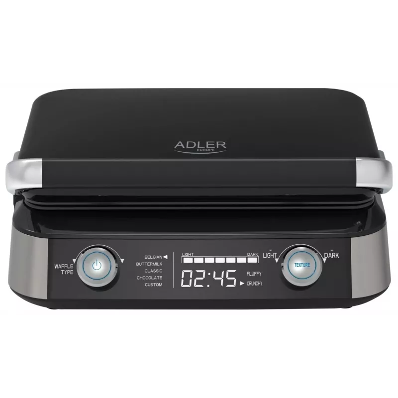 Adler AD 3084 vaflinė su LED ekranu, 5 programos, 7 skrudinimo lygiai, 1600 W (maks. 2400 W), nepridegančios plokštės, juodos / sidabrinės spalvos