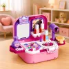 LEAN TOYS nešiojamas 2-in-1 grožio rinkinys su dėklu, veidrodžiu, kosmetika ir aksesuarais, rožinis
