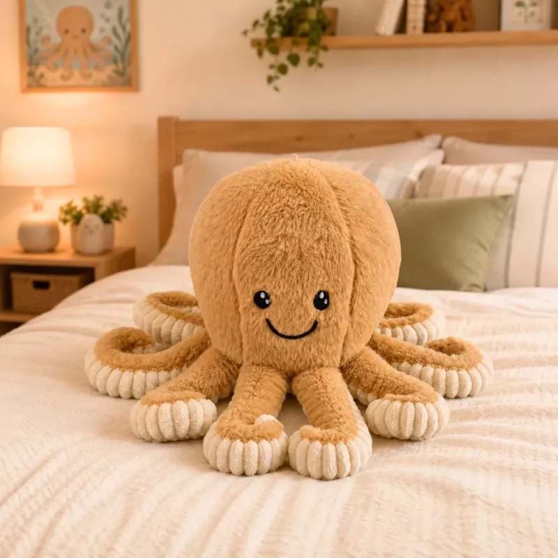 LEAN TOYS Pliušinis aštuonkojis su elastingais čiuptuvais, smėlio spalvos, 30 cm