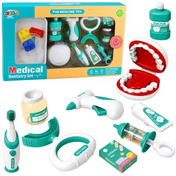 LEAN TOYS Mažojo odontologo rinkinys su vibruojančiu dantų šepetėliu, mėlynas, 15 dalių