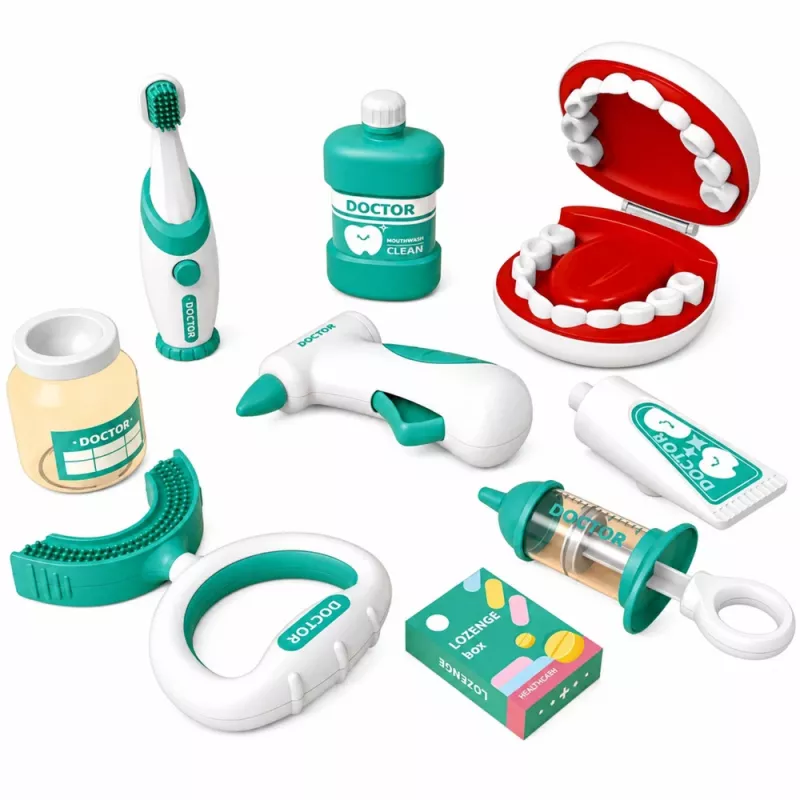 LEAN TOYS Mažojo odontologo rinkinys su vibruojančiu dantų šepetėliu, mėlynas, 15 dalių