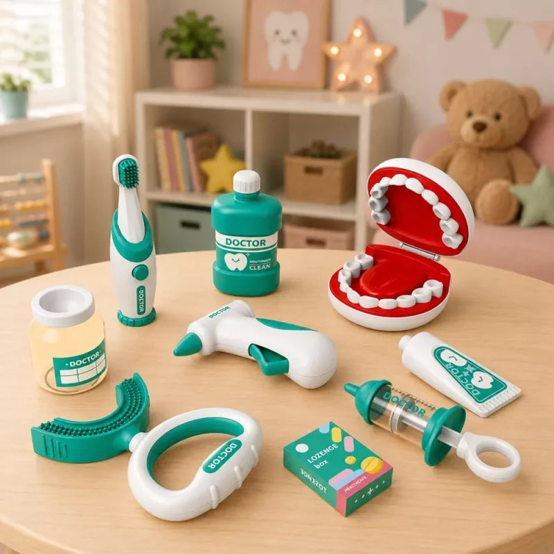 LEAN TOYS Mažojo odontologo rinkinys su vibruojančiu dantų šepetėliu, mėlynas, 15 dalių