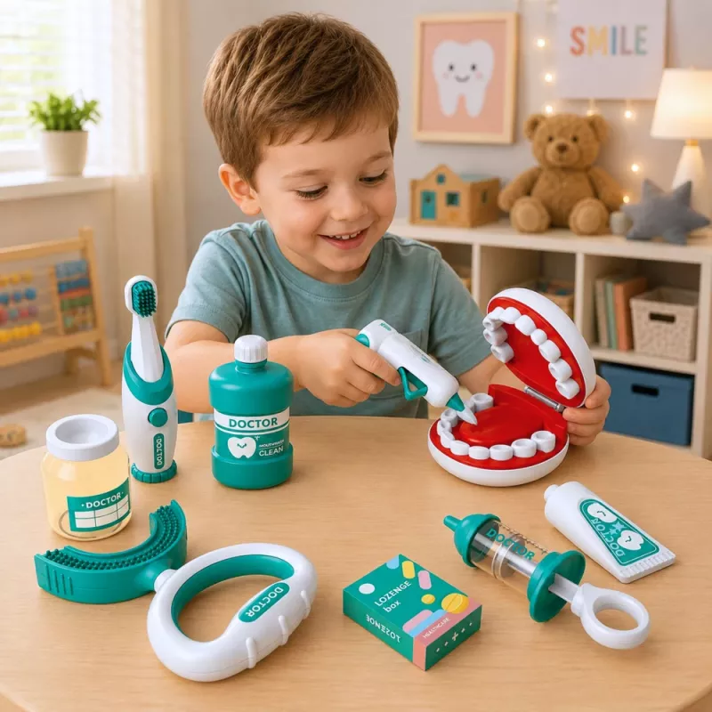 LEAN TOYS Mažojo odontologo rinkinys su vibruojančiu dantų šepetėliu, mėlynas, 15 dalių