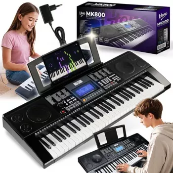 V-TONE MK800 nešiojama mokomoji elektrinė klaviatūra, 61 jautrūs prisilietimui klavišai, 300 garsų, 300 ritmų, 40 demonstracinių dainų, LCD ekranas, USB MIDI, ausinių išvestis, mikrofono įvestis, laikiklio pedalo įvestis, 2x5W garsiakalbiai, juoda