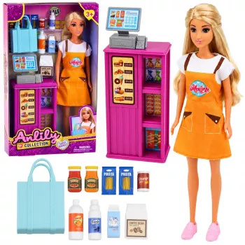LEAN TOYS Anlily lėlė kasininkė pardavėja kasos aparatas maisto produktų žaidimų rinkinys