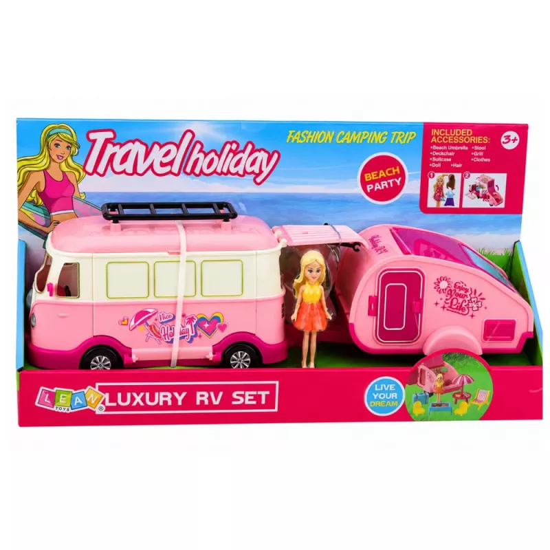 LEAN TOYS kelionių rinkinys su priekaba lėlių baldais ir aksesuarais, rožinis