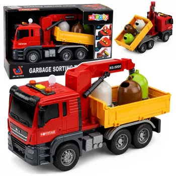 LEAN TOYS sunkvežimis su kranu ir rūšiavimo konteineriais, šviesos ir garsai, raudonas