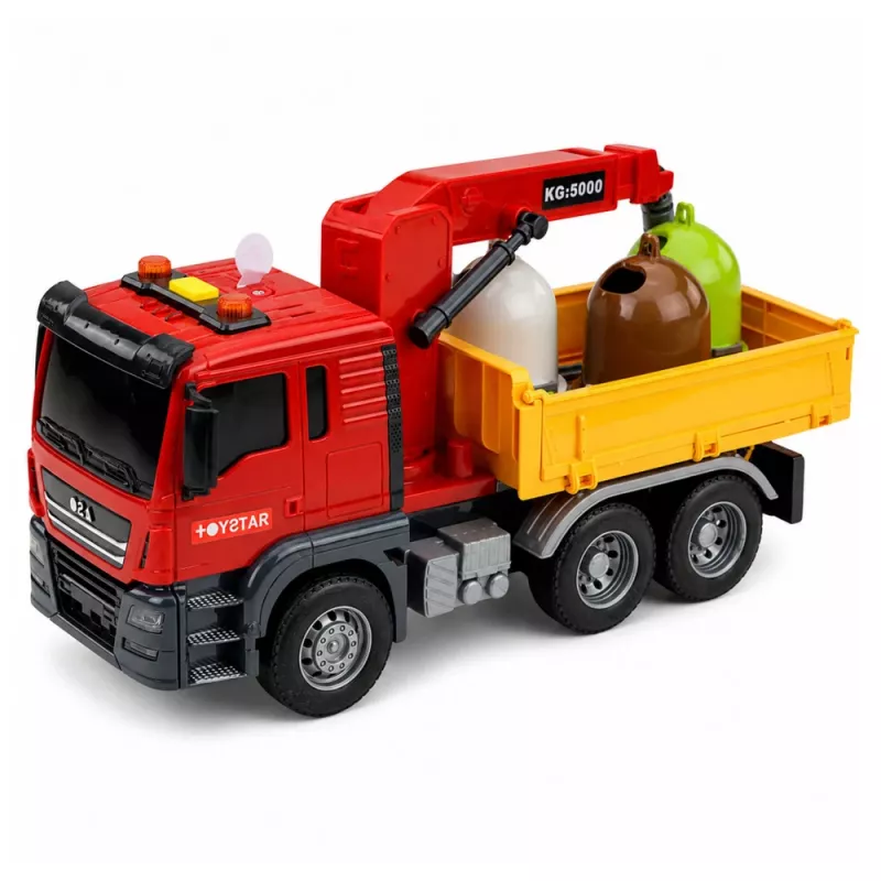 LEAN TOYS sunkvežimis su kranu ir rūšiavimo konteineriais, šviesos ir garsai, raudonas