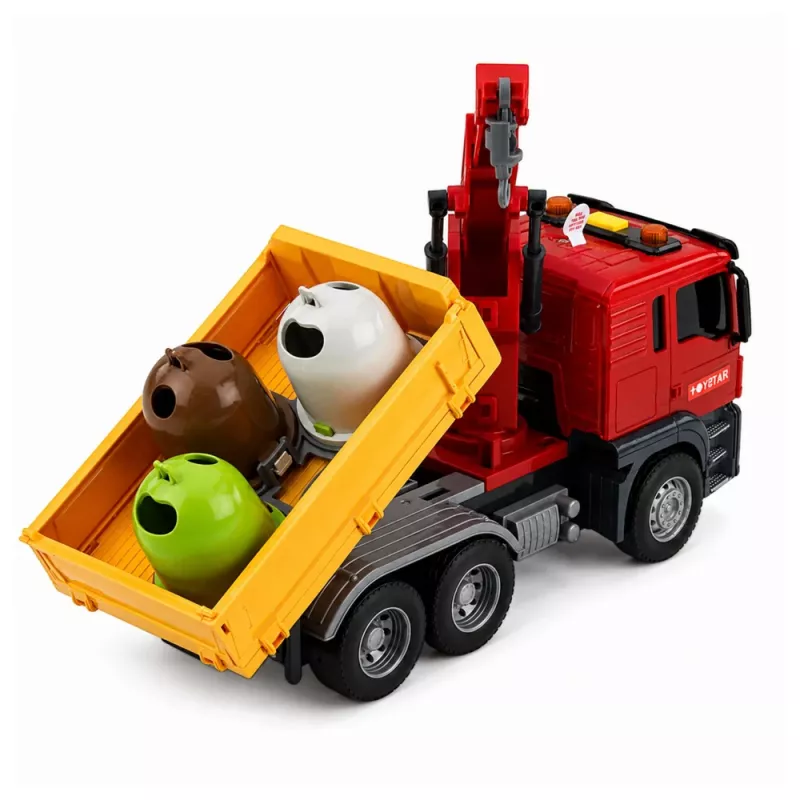 LEAN TOYS sunkvežimis su kranu ir rūšiavimo konteineriais, šviesos ir garsai, raudonas