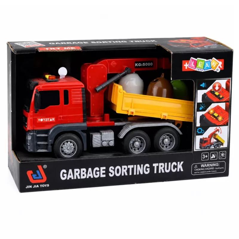 LEAN TOYS sunkvežimis su kranu ir rūšiavimo konteineriais, šviesos ir garsai, raudonas