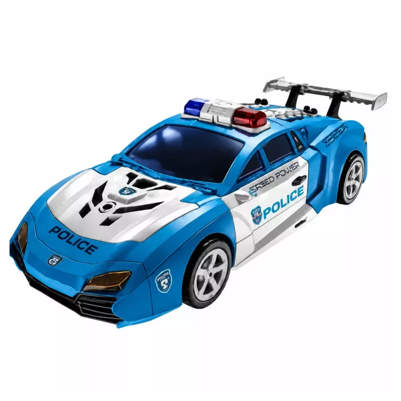 LEAN TOYS Auto Robot 2in1 policijos automobilis su paleidikliu, maži robotai, šviesos ir garsai
