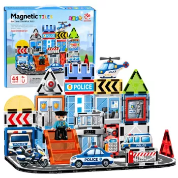 LEAN TOYS magnetiniai konstrukciniai blokeliai policijos bazė su transporto priemonėmis ir policininku, 44 vnt.