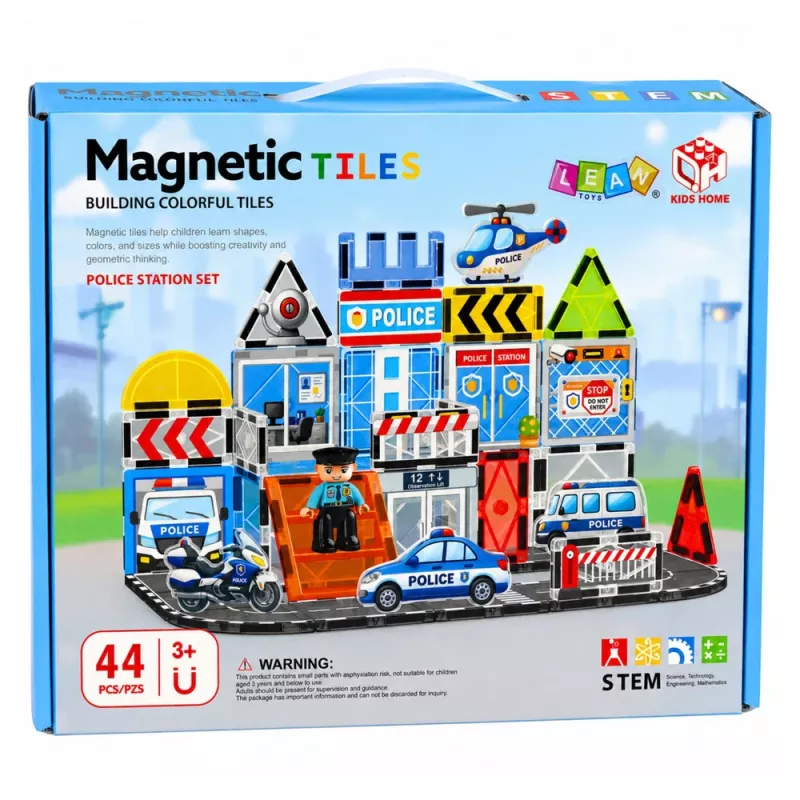 LEAN TOYS magnetiniai konstrukciniai blokeliai policijos bazė su transporto priemonėmis ir policininku, 44 vnt.