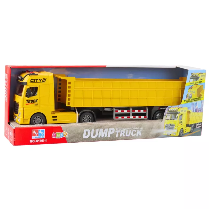 LEAN TOYS Transporto sunkvežimis su pakeliama priekaba, šviesomis ir garsais, geltonas